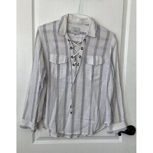 Rails Linen Blend Top Matea Flamenco Ticking Stripe Lace Up Tunic Shirt M Blouse